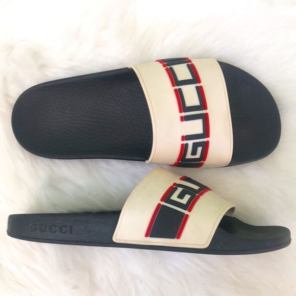 Gucci Unisex Black White Open Toe Flat Slip On Slide Sandals Authentic - Picture 1 of 10